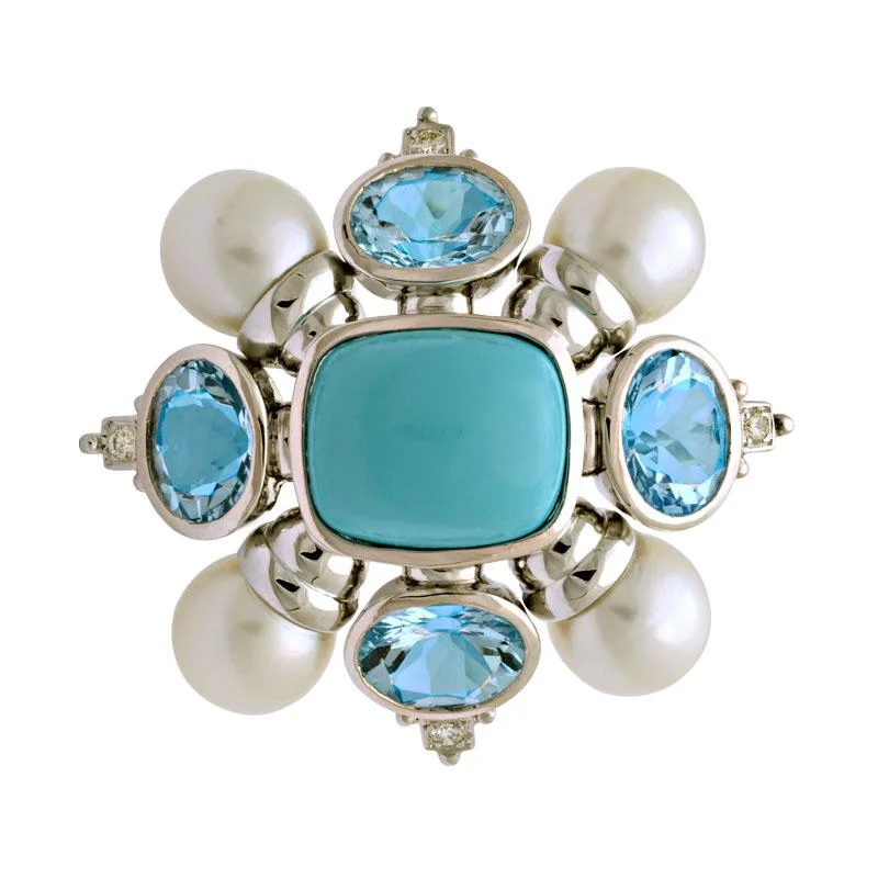 ladies gold brooch horse motifs -Brooch-Turquoise, Blue Topaz, South Sea Pearl and Diamond  (134CS)