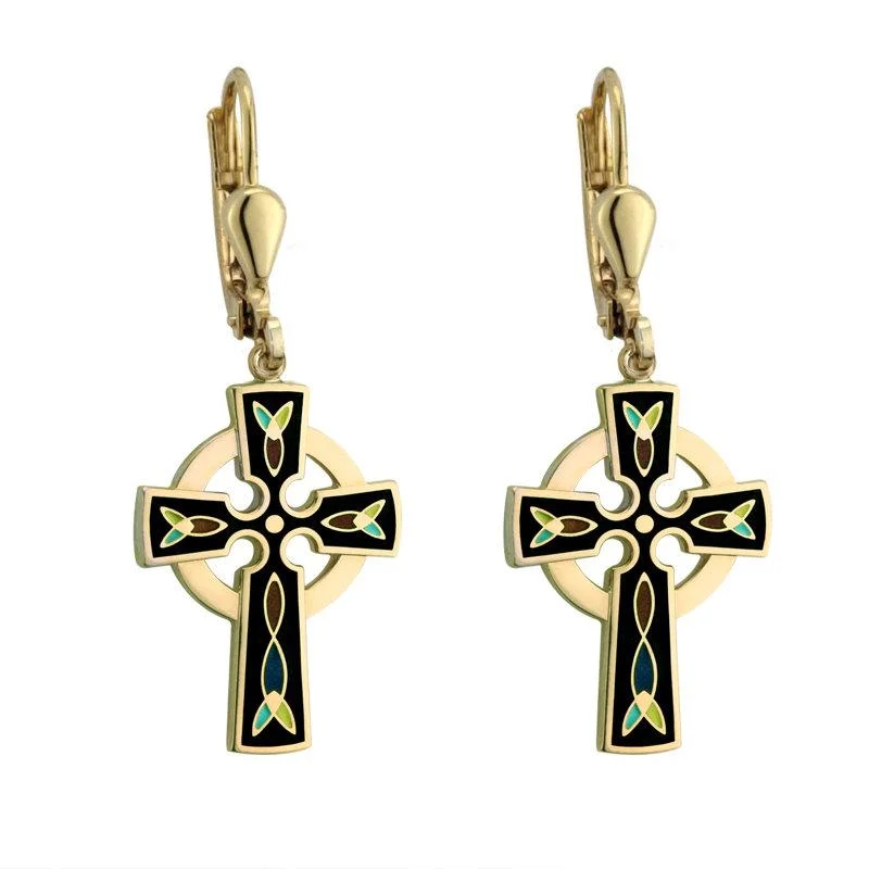 etched design earrings for women -Gold Plated Cross Earrings