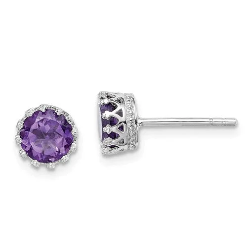 Sterling Silver 6mm Genuine Amethyst Crown Set Stud Earrings