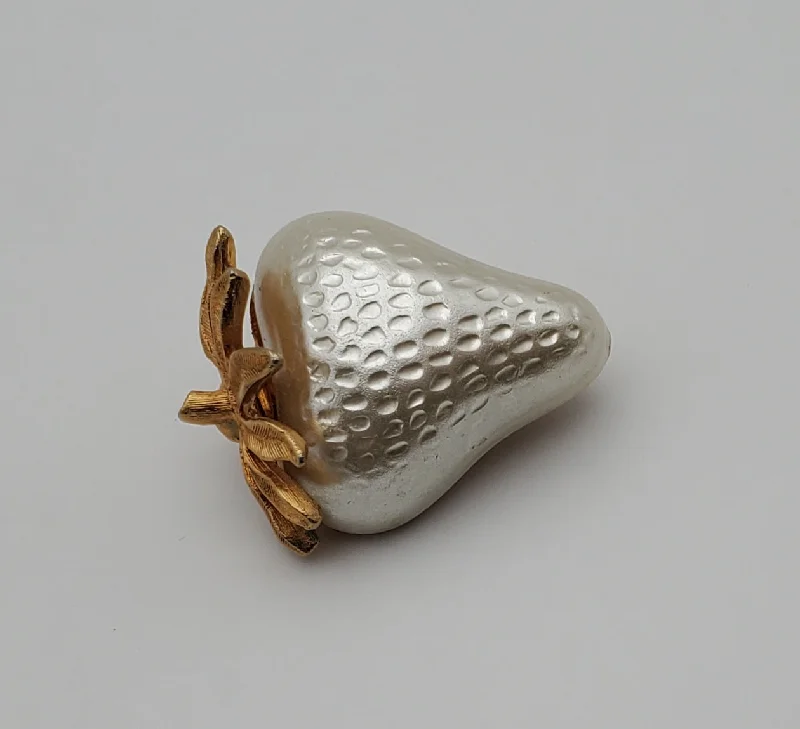 brushed gold brooch for women -Jonette Jewelry - Pearl White and Gold Strawberry Brooch