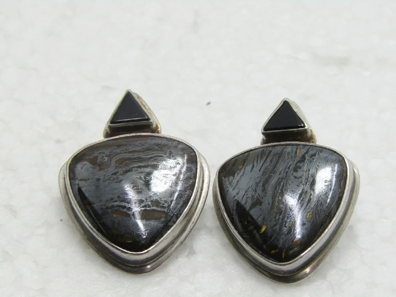 oxidized gold earrings for women -Sterling Southwestern Tiger Iron Earrings, Onyx,  Pierced, 16.50gr., 1.25", Triangular