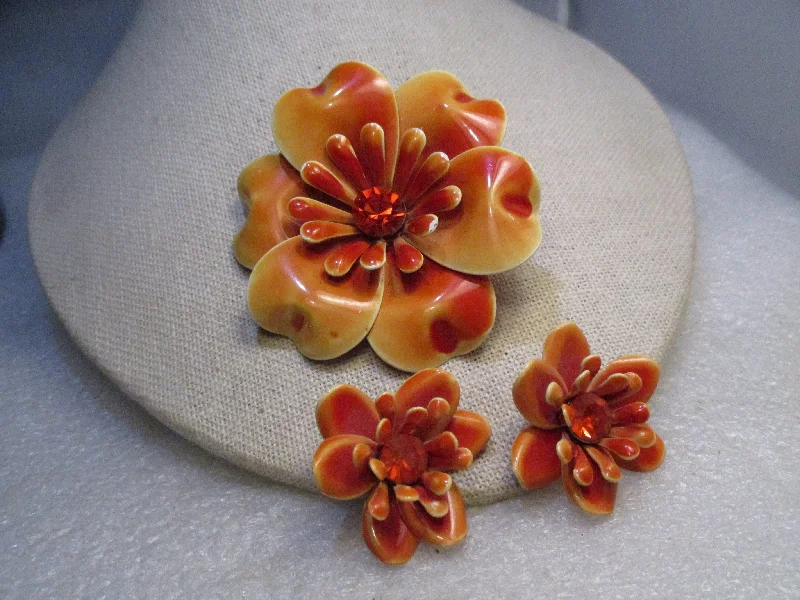 ladies silver earrings onyx stones -Enameled Floral Brooch & Clip Earrings Set, Shades of Orange, Rhinestone Center 1950's/1960's