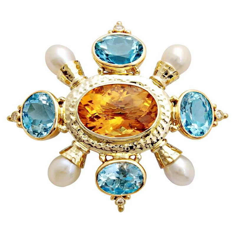 rose gold moon brooch for women -Brooch-Citrine, Blue Topaz, Pearl and Diamond  (1513C)