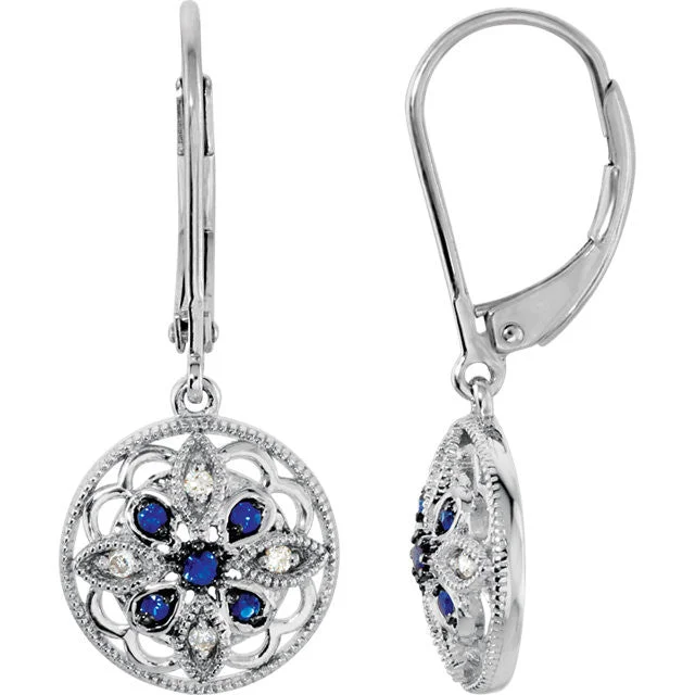 ladies beaded earrings with patterns -Sterling Silver Blue Sapphire Diamond Granulated Filigree Leverback Earrings