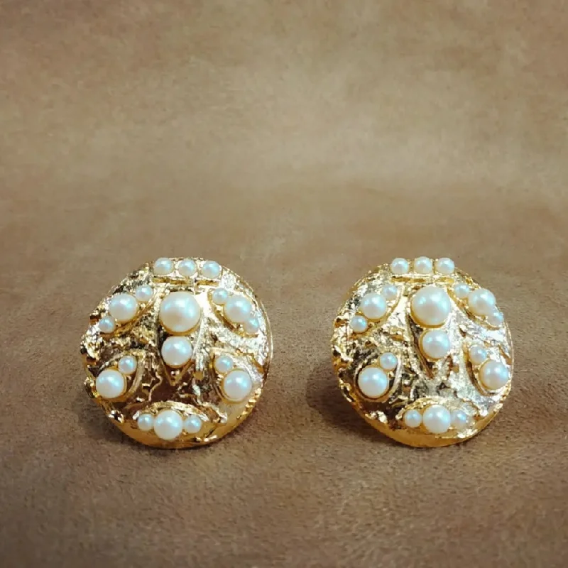 striped texture earrings for women -Vintage Gold Clusters of Pearl Earrings Clip On