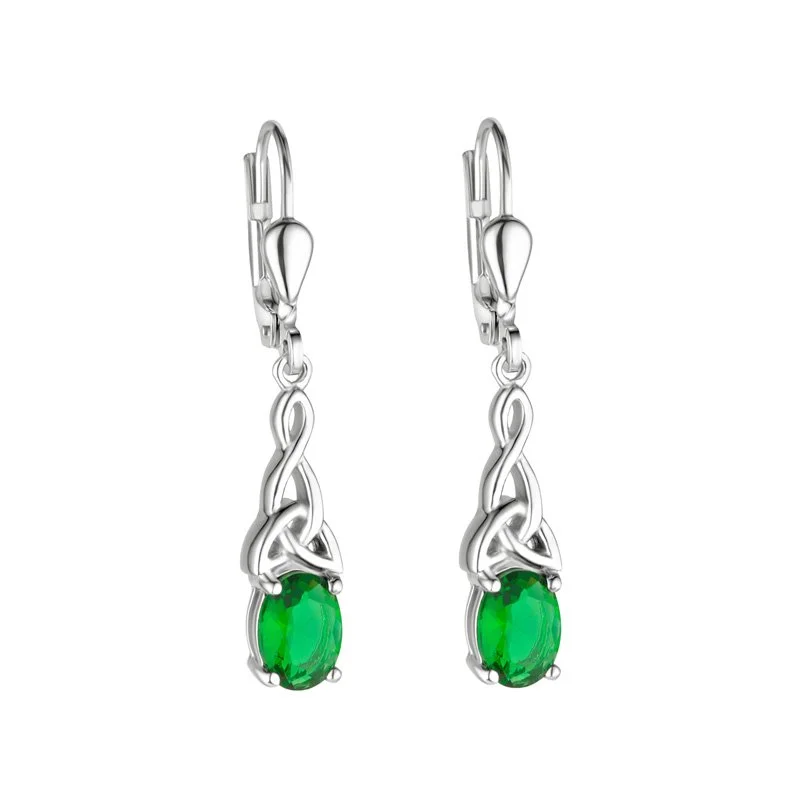 ladies silver earrings turquoise drops -Silver Trinity Green Cz Earrings