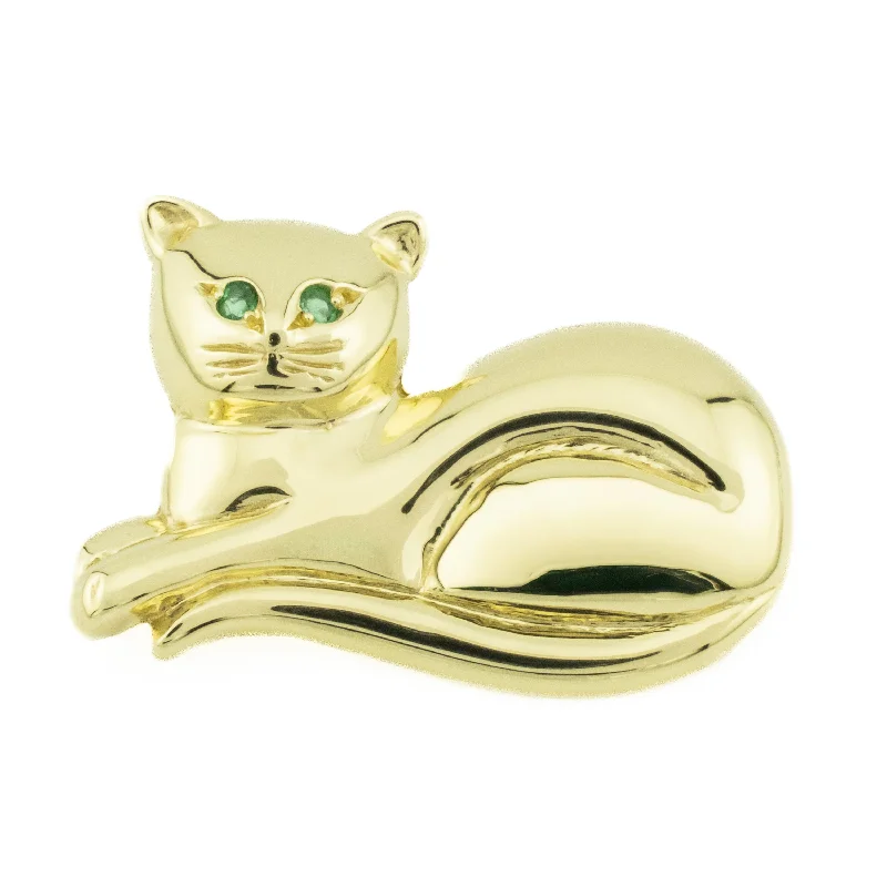 matte gold brooch for women -Emerald Eyes Accented Cat Brooch Pin in 14 Yellow Gold