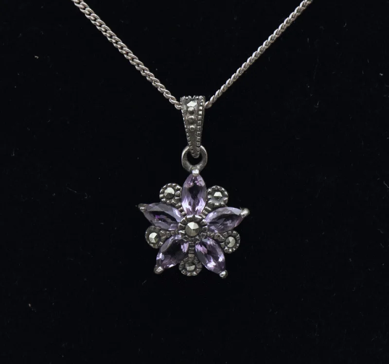 Lunar charm necklaces -Vintage Amethyst and Marcasite Sterling Silver Floral Pendant on Sterling Silver Chain Necklace - 19.25"