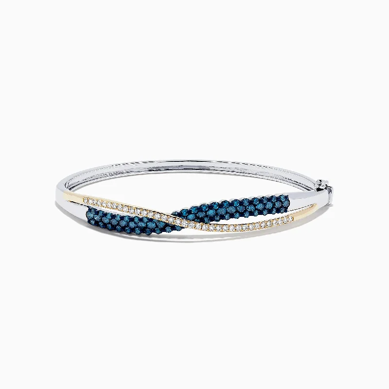 Ladies everyday ease bracelets -14K Two Tone Gold Blue and White Diamond Crossover Bangle, 2.00 TCW