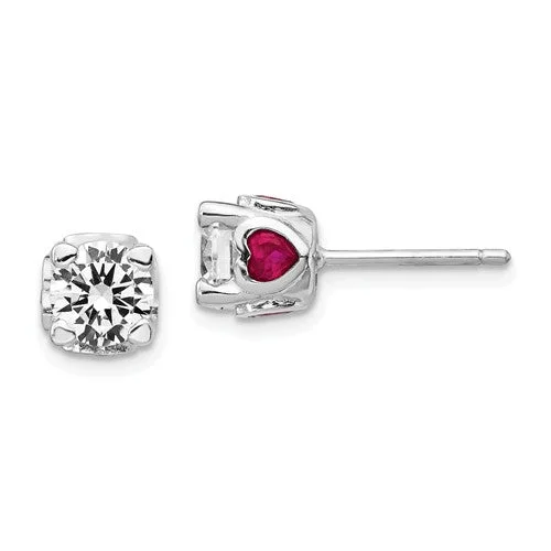 ladies silver earrings citrine stones -Cheryl M Sterling Silver 6mm Round CZ & Created Ruby Heart Post Earrings