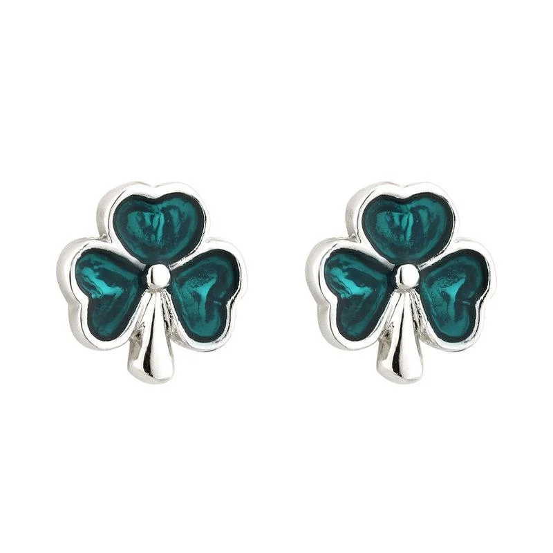 ladies gem earrings nature themes -Solvar Rhodium Enamel Shamrock Stud Earrings