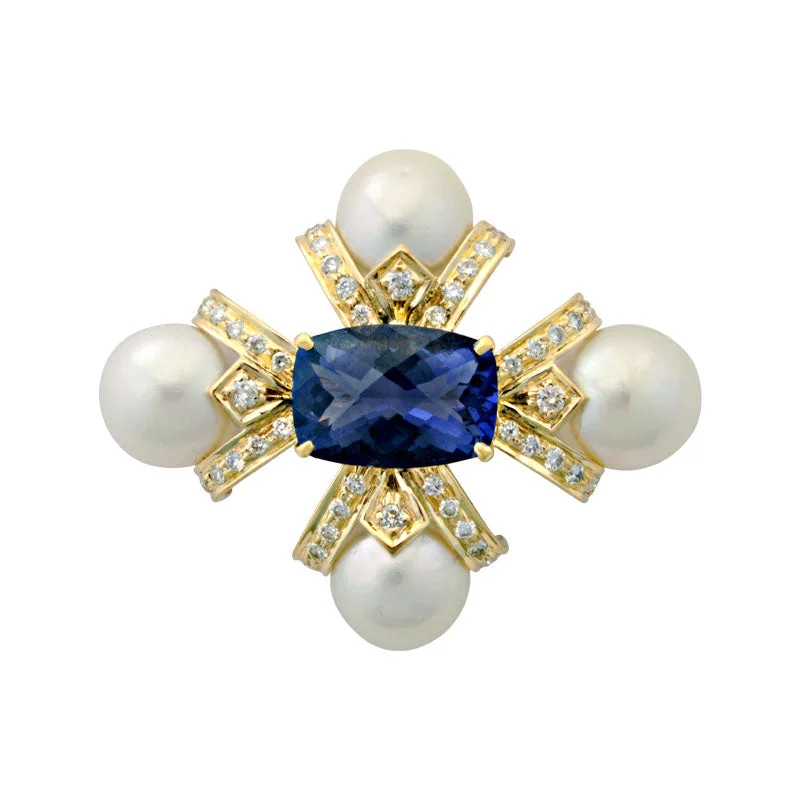 ladies gem brooch celestial themes -Brooch-Iolite, Pearl and Diamond