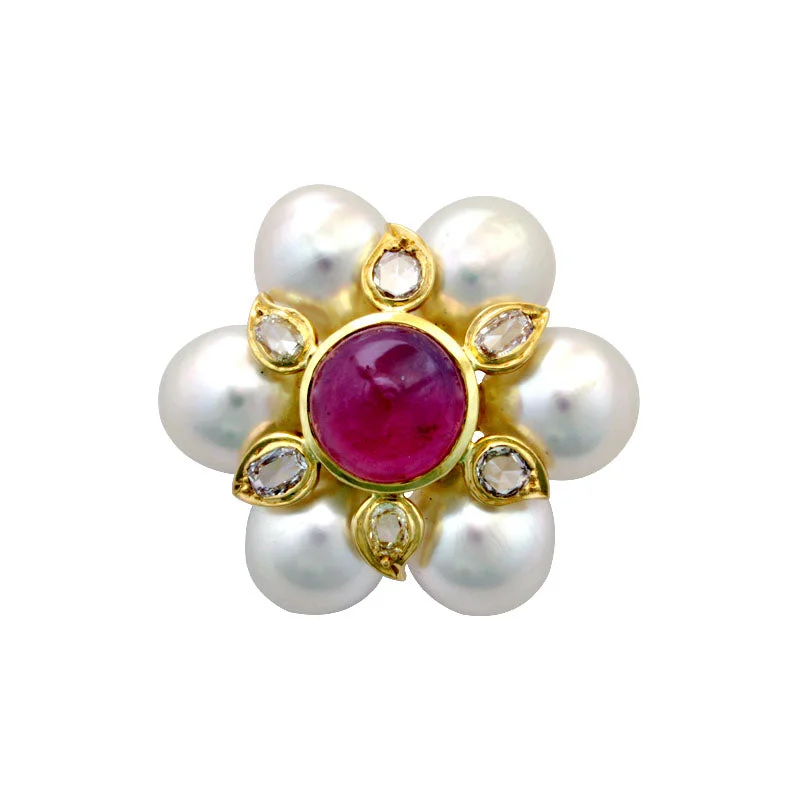 ladies gold brooch fish motifs -Brooch-Rubellite, Pearl and Diamond