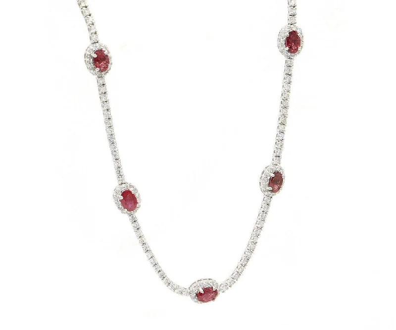 Arid dune necklaces -2.55ctw Oval Ruby and 4.50ctw Diamond Frame Station Necklace in 18K