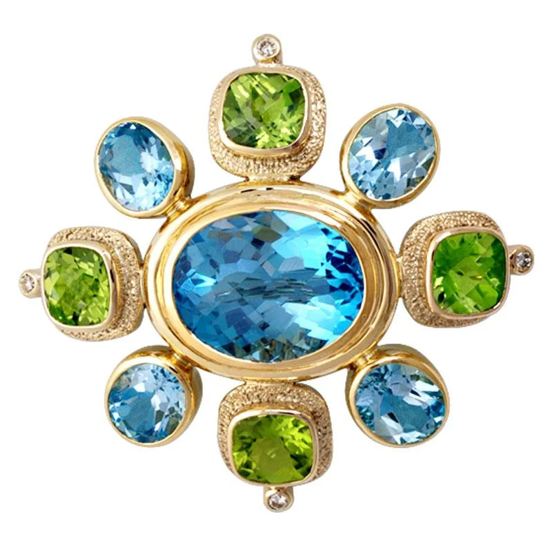 brushed silver brooch for women -Brooch-Blue Topaz, Peridot and Diamond  (1446H)