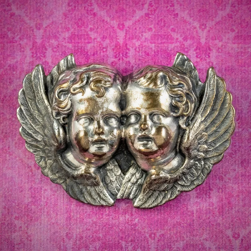 statement brooch for women bold -Antique Victorian Cherub Brooch Silver Gilt