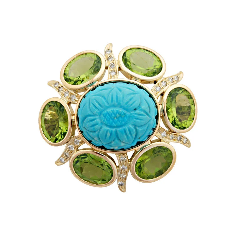 ladies rose gold brooch round stones -Brooch-Turquoise, Peridot and Diamond