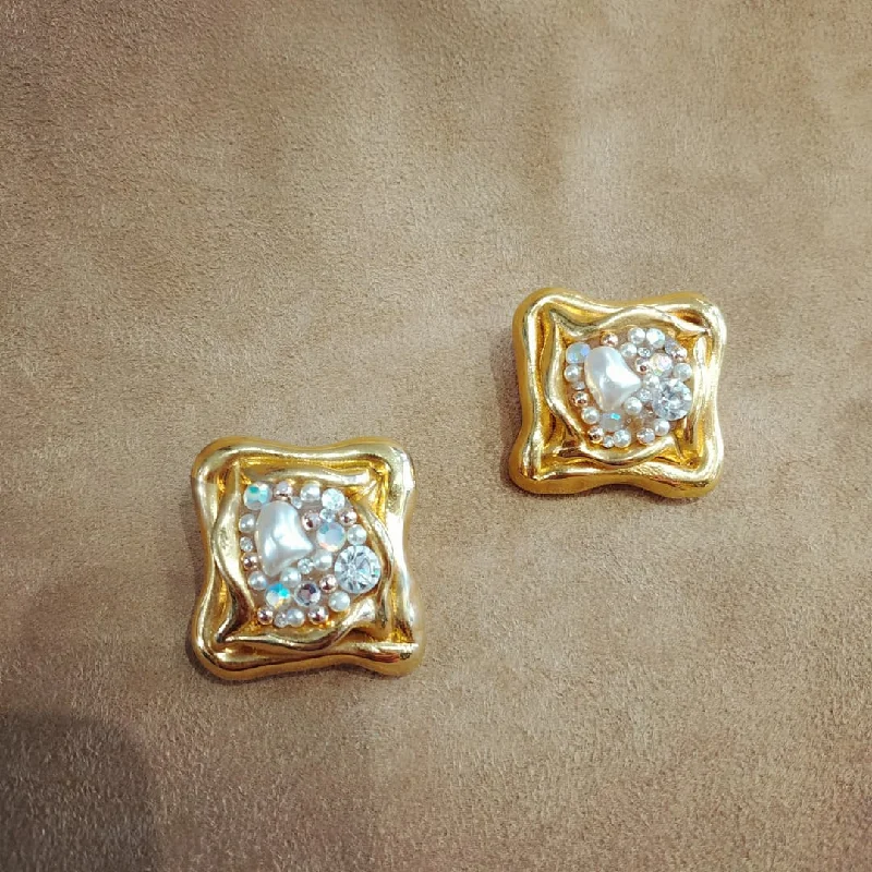 ladies gold earrings infinity symbol -Jacky De G Chunky Vintage Gold Square pearl  Earrings