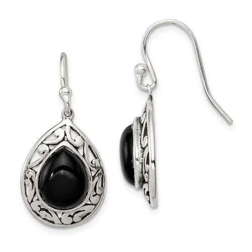 silver wave earrings for women -Sterling Silver Antiqued Finish Filigree Onyx Pear Dangle Earrings