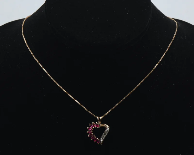 Faith shine necklaces -Vintage Synthetic Rubies and Diamond Gold Tone Sterling Silver Heart Pendant Chain Necklace - 18"