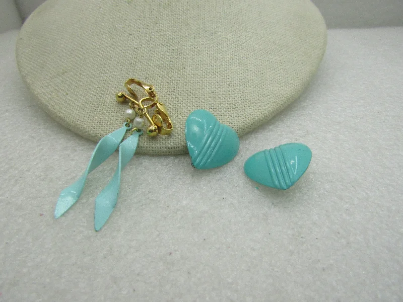 beaded drop earrings for women -Vintage 2 Pair  Aqua/Teal Enameled Clip Earrings, Hearts, and Twisted Dangles.