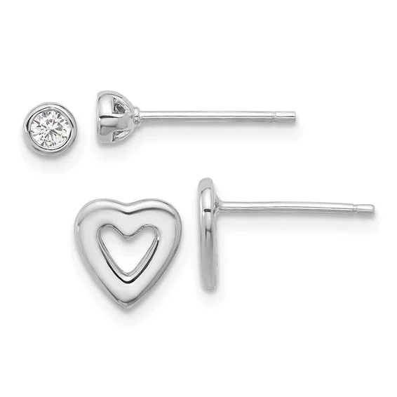 ladies earrings sunburst designs -Sterling Silver Round CZ and Heart Post Earrings Set