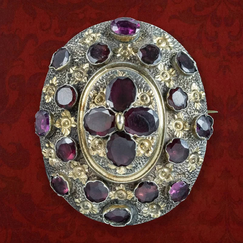 ladies silver brooch kyanite stones -Antique Victorian French Garnet Brooch Silver Gold Gilt