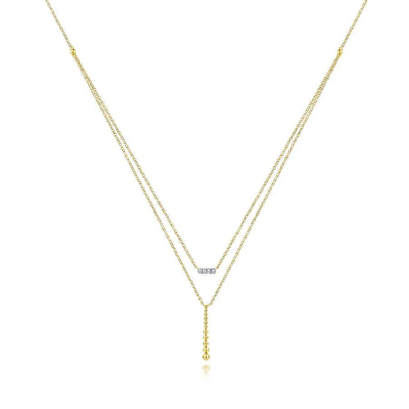 Key glow necklaces -Gabriel & Co. - NK5959Y45JJ - 14K Yellow Gold Two Strand Diamond Bar and Bujukan Beaded Pendant Necklace