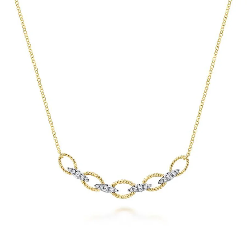 Star glow necklaces -Gabriel & Co. - NK6063M45JJ - 14K Yellow-White Gold Twisted Rope Oval Link Necklace with Diamond Connectors