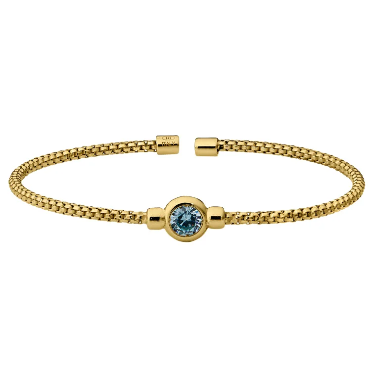 Ladies tidal wave bracelets -Gold Finish Sterling Silver Rounded Box Link Cuff Bracelet with Bezel Set Simulated Aqua Marine Birth Gem