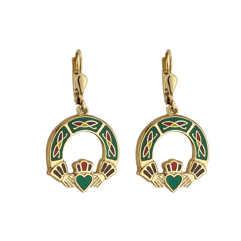 ladies yellow gold earrings dots -Gold Plated Green Claddagh Earrings