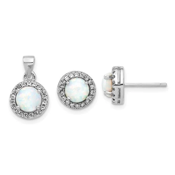 ladies tassel earrings stylish -Sterling Silver CZ and Created Opal Halo Pendant and Earring Set