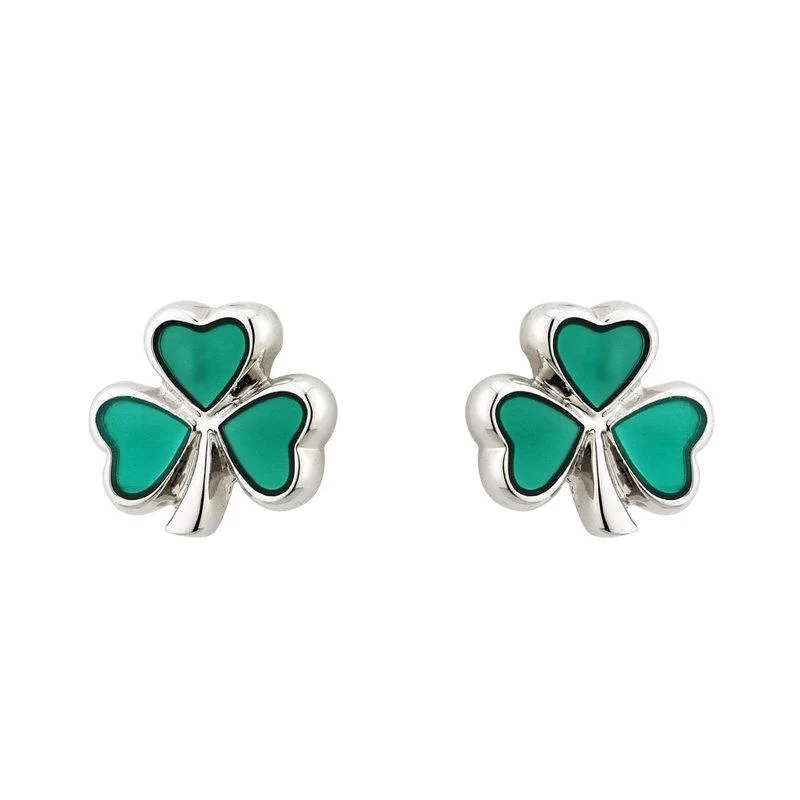 chain fringe earrings for women -Solvar Rhodium Enamel Shamrock Stud Earrings