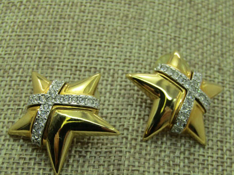 ladies gold earrings sun designs -Vintage Joan Rivers Rhinestone Star Pierced Earrings, 1"