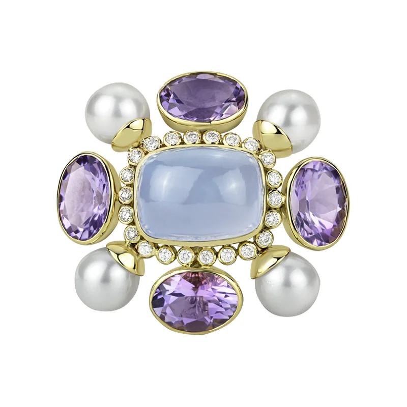 beaded brooch for women -Brooch- Amethyst, Chalcedony, Pearl And Diamond