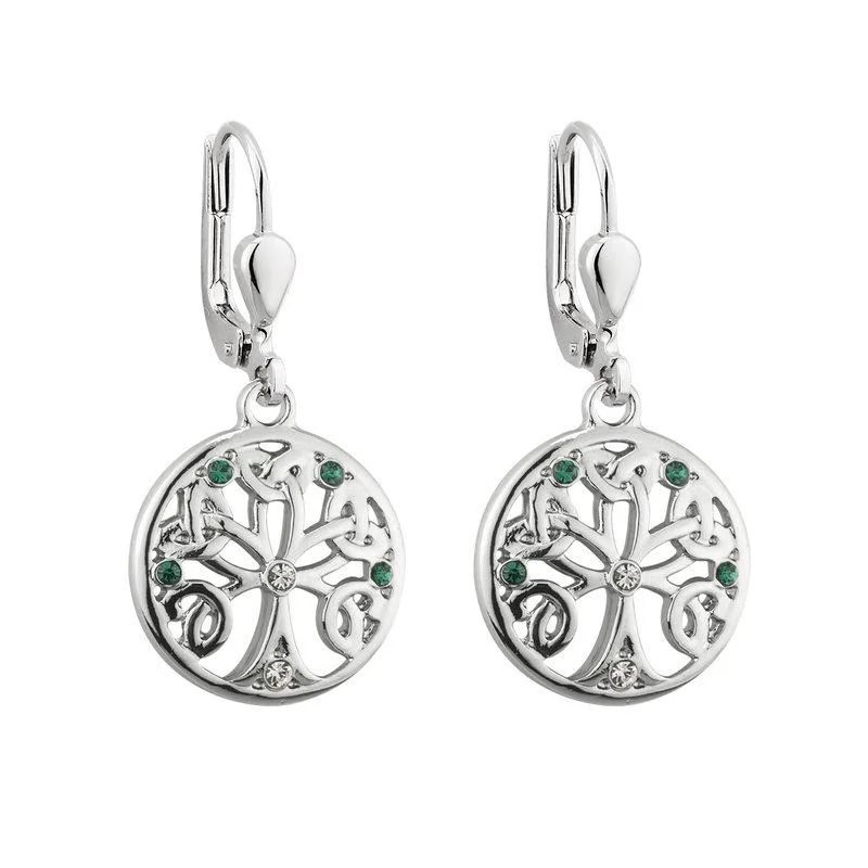 ladies silver earrings garnet stones -Rhodium Crystal Tree Of Life Drop Earrings