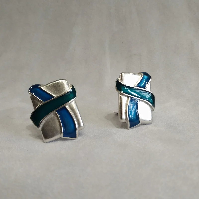 ladies earrings etched florals -Vintage Yves Saint Laurent Rectangular Silver Blue and Green Clip On Earrings