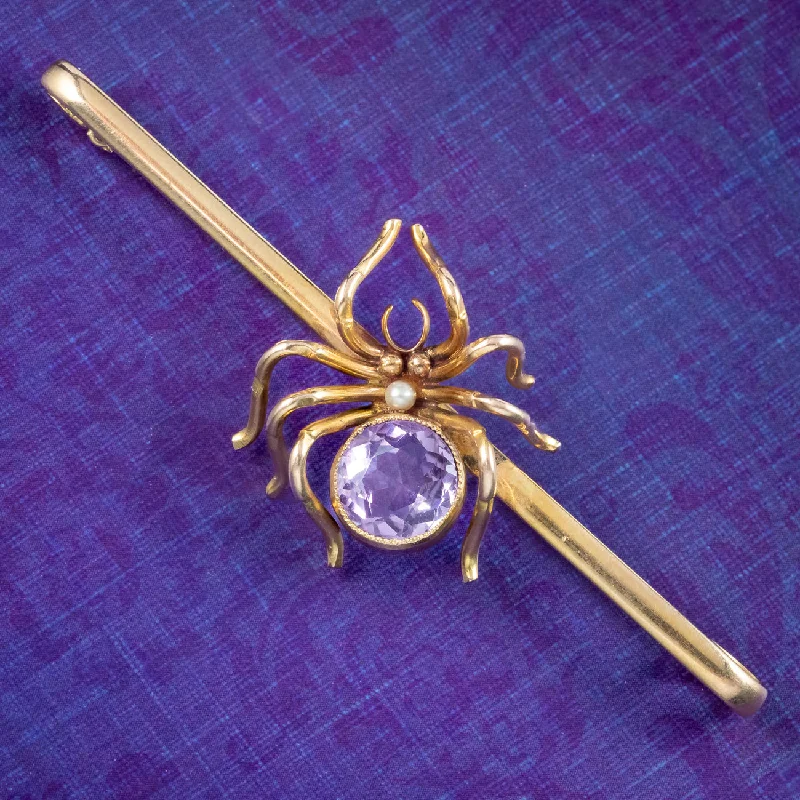 affordable ladies brooch under 40 -Antique Victorian Amethyst Spider Bar Brooch 9ct Gold Circa 1900