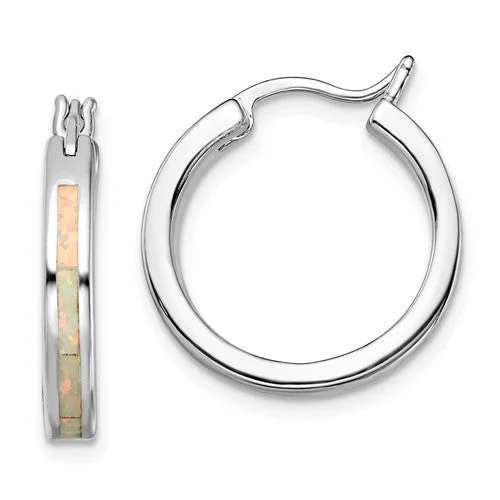 striped pattern earrings for women -Sterling Silver White Created Opal Inlay Hoop Earrings