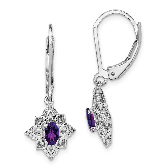 feather design earrings for women -Sterling Silver Oval Amethyst & Diamond Leverback Earrings