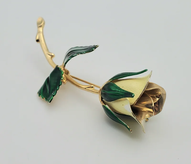 feather design brooch for women -Giovanni - Vintage Gold Tone White Rose Enamel Brooch