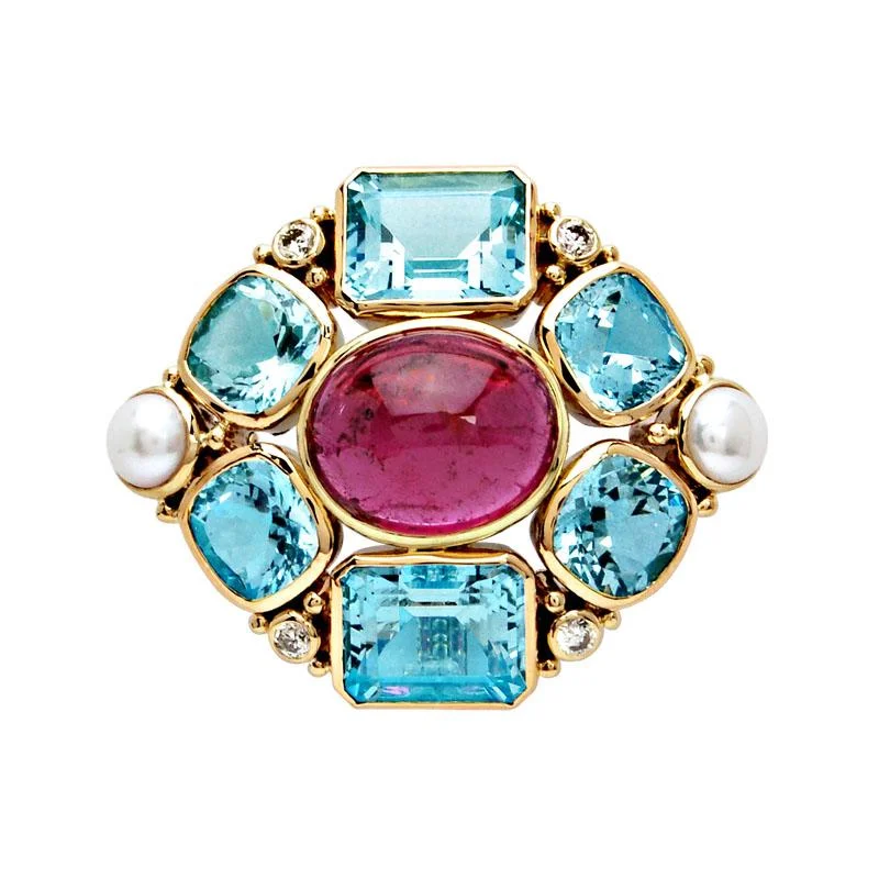 gold sun motif brooch for women -Brooch-Aquamarine, Rubellite, Pearl and Diamond  (1343I)