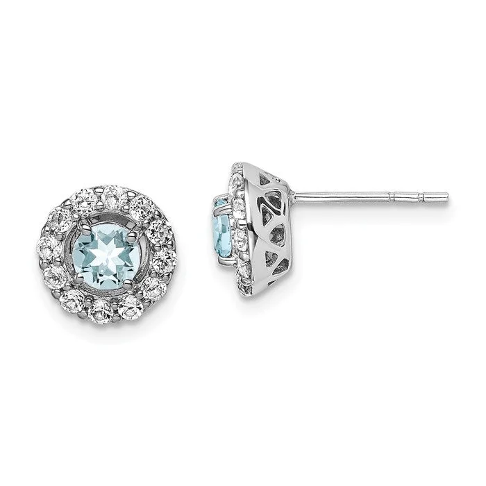 ladies gold earrings infinity symbol -Sterling Silver Genuine Aquamarine & White Topaz Halo 9mm Stud Earrings