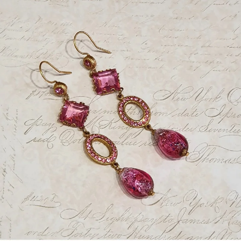 floral drop earrings for women -Askew London Pink Glass Drop Earrings Crystal Stone Gold Plated