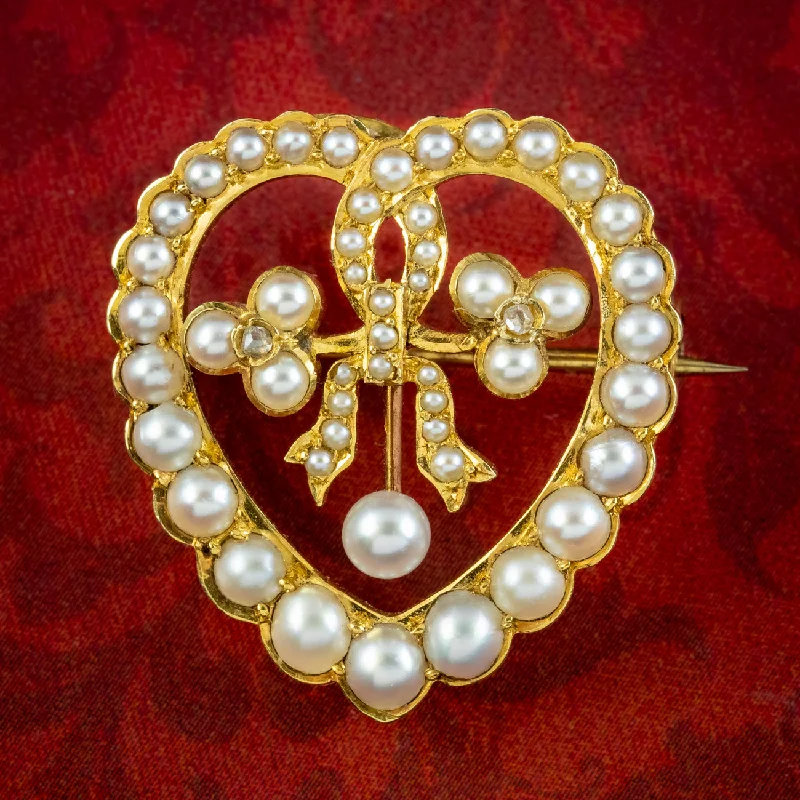 ladies white gold brooch beads -Antique Edwardian Pearl Diamond Heart Brooch 15ct Gold