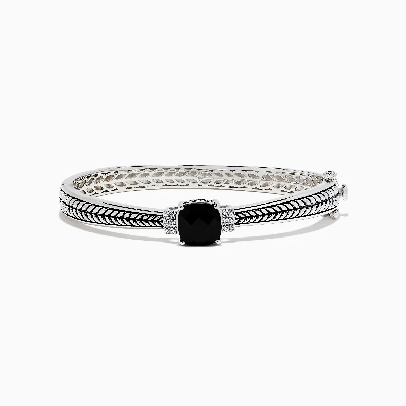 Ladies luminous moonstone bracelets -925 Sterling Silver Onyx and Diamond Bangle, 4.26 TCW