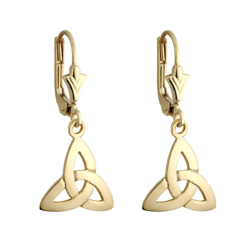 ladies gold earrings arrow design -14K Gold Trinity Knot Drop Earrings