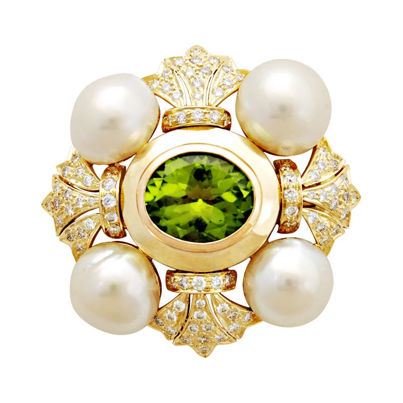 lace design brooch for women -Brooch-Peridot, Pearl and Diamond