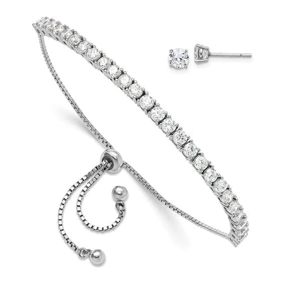 silver heart earrings for women -Sterling Silver CZ Adjustable Bracelet and Post Earrings Set