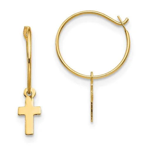 ladies gold earrings celestial motifs -14k Gold Endless Hoop With Small Cross Earrings